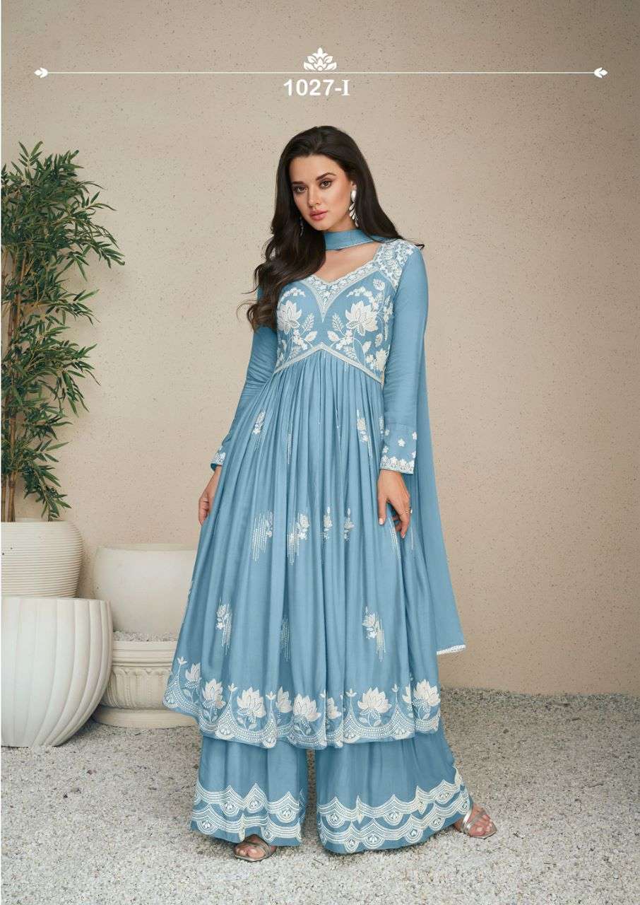 LAKHNAVI VOL HIT LIST  HEAVY REYON WHITE THREAD WORK NAURA CUT KURTI WITH PLAZZO AND NAZMIN DUPATTA BY VAMIKA BRAND 1027 I